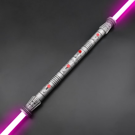 A double-bladed lightsaber with a silver metallic hilt featuring red buttons and intricate designs. The blade emits a bright pink glow at both ends.