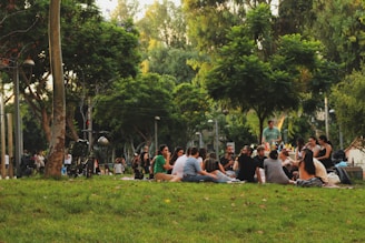 A group of people sitting on the grass in a park, engaging in conversation and enjoying an outdoor gathering. Trees create a shaded canopy above, and additional people can be seen in the background walking and biking. A table with refreshments is nearby.