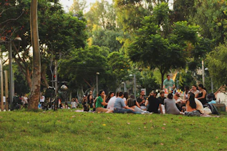 A warm group of diverse community members gathered in a sunny park, sharing stories and smiles.