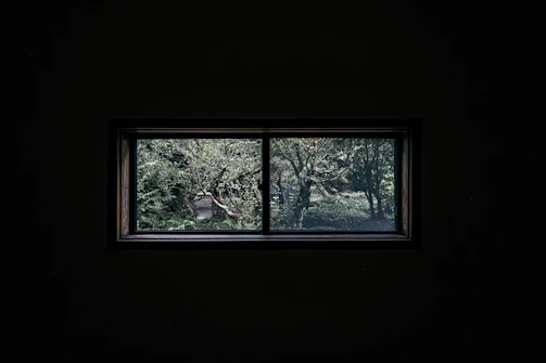 A tranquil outdoor garden view from the studio’s window, inviting relaxation.