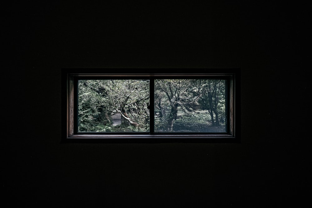 une fenêtre dans une pièce sombre avec des arbres à l’extérieur