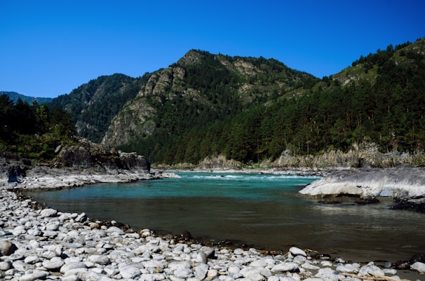 A crystal-clear river flowing gently over smooth stones with mountains in the background.