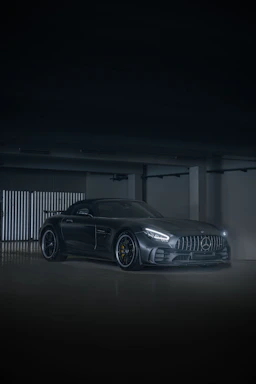 A sleek, black luxury sports car parked in a dimly lit, elegant garage.
