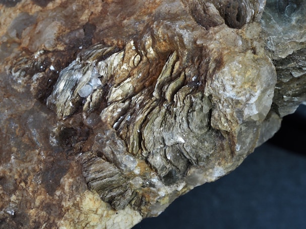 A close-up view of a mineral rock featuring layers of shiny, metallic textures with earthy brown and golden hues. The rock surface displays intricate formations and crystal-like structures.
