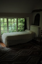 Spacious single room featuring a comfortable bed and a large window.