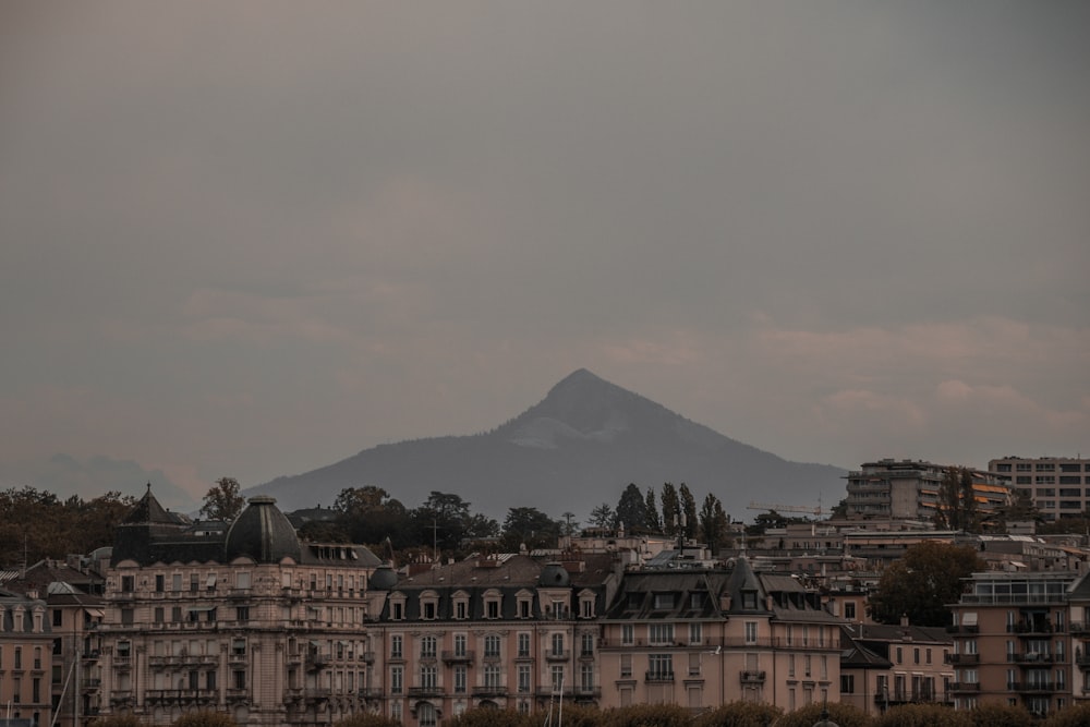 a view of a city with a mountain in the background