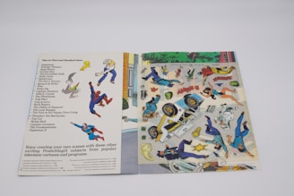 A colorful PrestoMagix set showcasing an assortment of cartoon characters and scenes on two pages. The left page lists various popular characters and shows, while the right page features vibrant illustrations of superheroes, vehicles, and dynamic action scenes. The palette is bright, with bold colors used to depict the action-packed scenes.