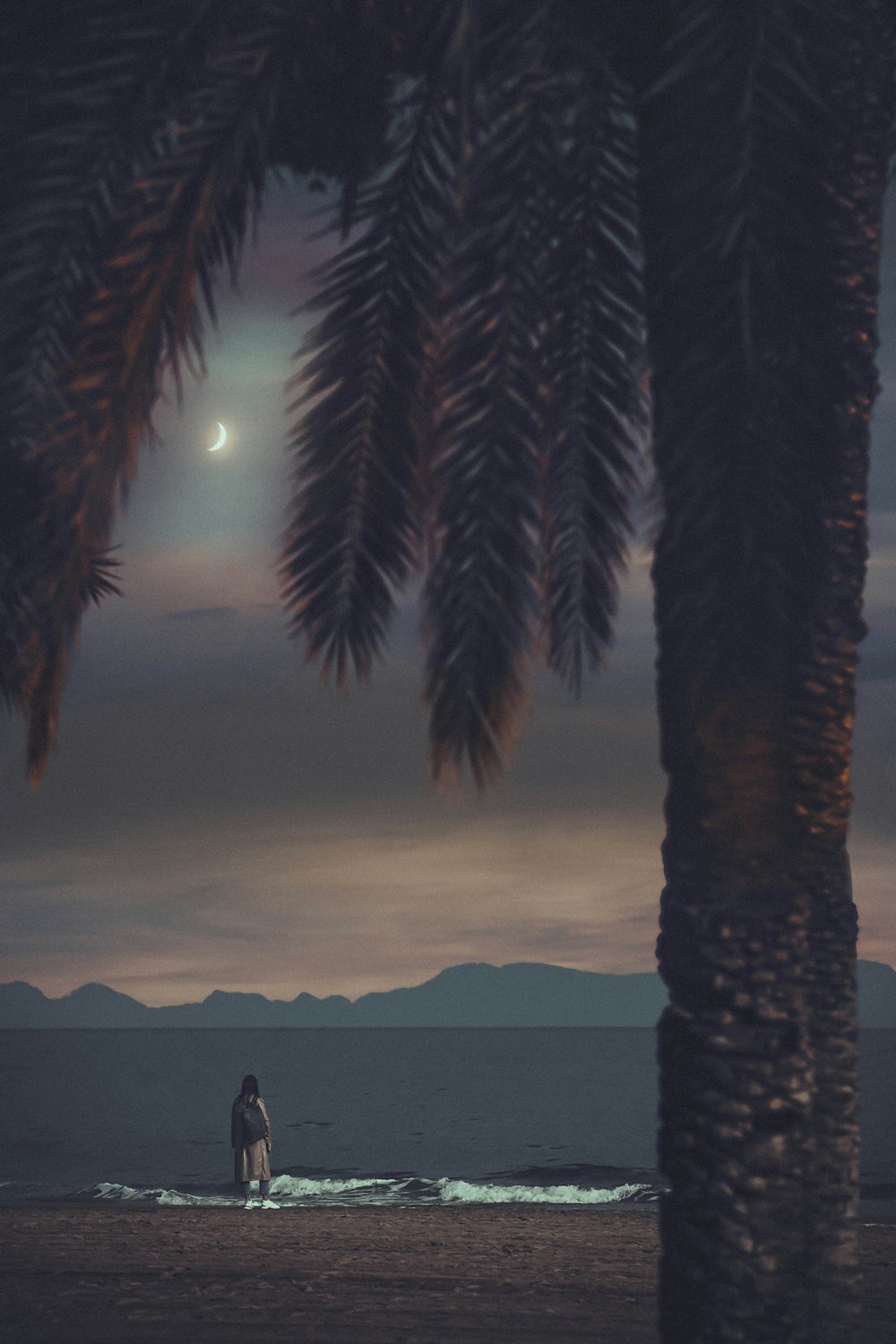 a man standing on a surfboard under a palm tree