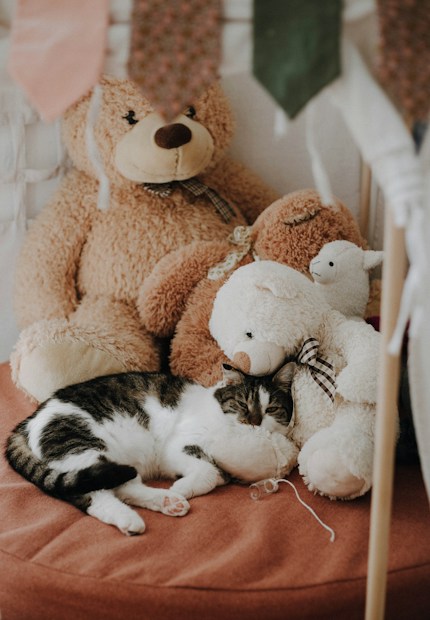 A cozy scene featuring a cat curled up against three plush teddy bears on a soft surface. The plush toys are in various shades of brown and white, creating a comforting and warm environment.