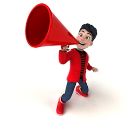 A cartoon character with a bright red jacket and matching shoes is enthusiastically shouting through a large red megaphone. The character has dark hair and a cheerful expression.