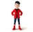 A cartoon-style character with black hair, wearing a red coat over a black and red striped shirt, blue jeans, and red boots. The character stands confidently with hands on hips and a friendly smile.