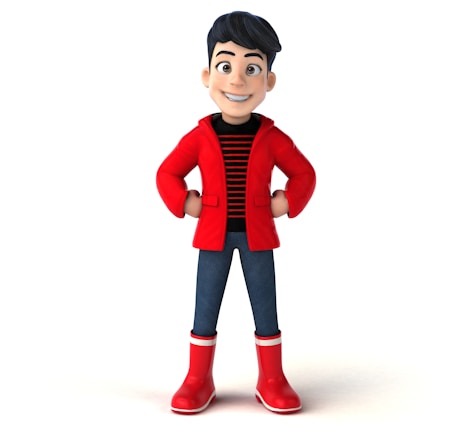 A cartoon-style character with black hair, wearing a red coat over a black and red striped shirt, blue jeans, and red boots. The character stands confidently with hands on hips and a friendly smile.