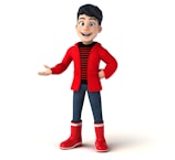 A cartoon-style character with short dark hair is smiling and gesturing with one hand. The character is wearing a red jacket over a black and red striped shirt, blue jeans, and shiny red boots.