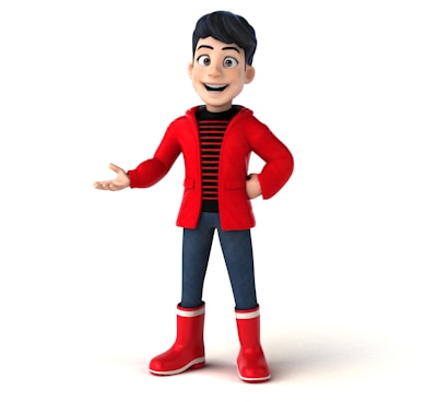 A cartoon-style character with short dark hair is smiling and gesturing with one hand. The character is wearing a red jacket over a black and red striped shirt, blue jeans, and shiny red boots.
