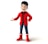 A cartoon-style character with short dark hair is smiling and gesturing with one hand. The character is wearing a red jacket over a black and red striped shirt, blue jeans, and shiny red boots.