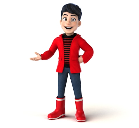 A cartoon-style character with short dark hair is smiling and gesturing with one hand. The character is wearing a red jacket over a black and red striped shirt, blue jeans, and shiny red boots.