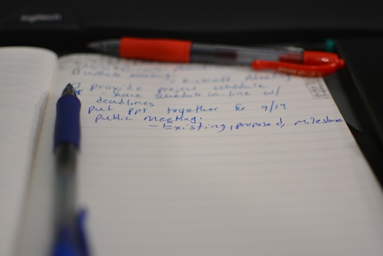 A notebook with lined paper is open, showing handwritten notes in blue ink. A blue pen is lying across the pages, and a red pen with a visible brand name is partially seen above it. The notes mention providing project schedules and deadlines and preparing a PPT for a public meeting scheduled for September 14th.