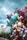 A cluster of colorful helium balloons, featuring various cartoon characters and shapes, including a unicorn, several animals, and a princess. The balloons are gathered together against an outdoor background, which includes part of a bridge and an overcast sky.