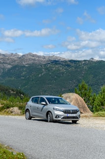 a silver car parked on the side of a road
