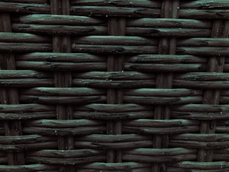 A close-up view of a woven pattern with a textured, grid-like structure. The material appears to be a dark, possibly synthetic fiber that crisscrosses to form a rigid surface. Each strand has a slightly glossy finish, adding depth and dimension to the pattern.