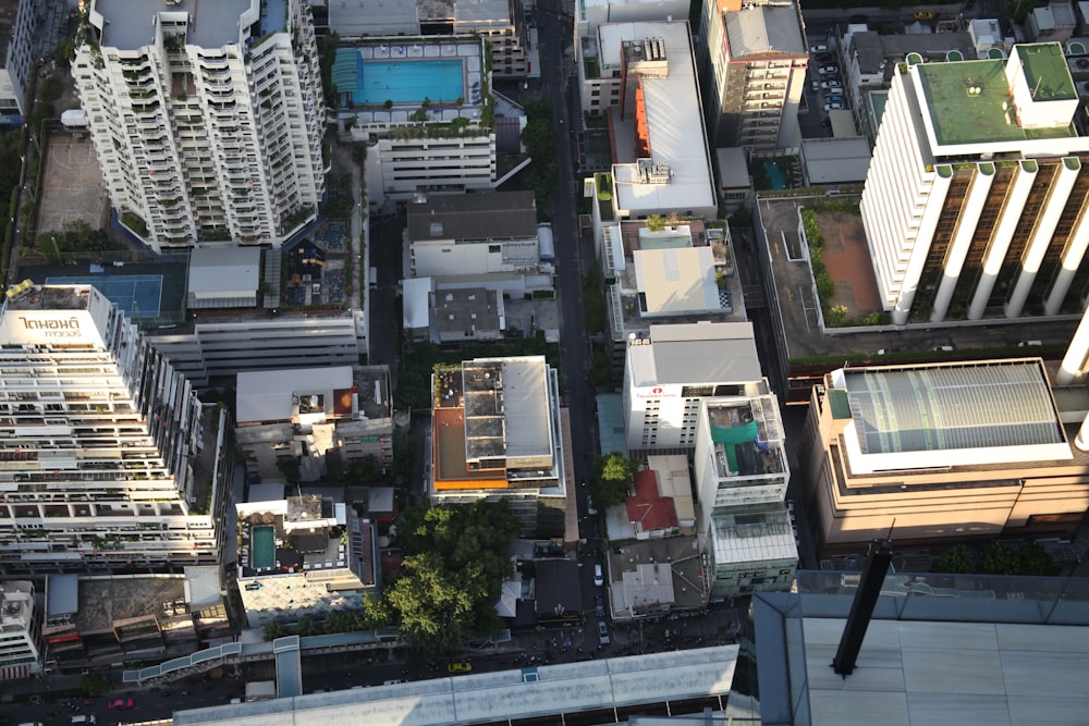 an aerial view of a city with tall buildings