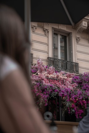 A beige building facade featuring detailed architectural elements such as ornate cornices and a balcony with decorative railings. Lush pink and purple flowers cascade from a neon sign that reads, 'La Brasserie Italienne'. The scene suggests an urban, possibly European setting.