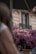 A beige building facade featuring detailed architectural elements such as ornate cornices and a balcony with decorative railings. Lush pink and purple flowers cascade from a neon sign that reads, 'La Brasserie Italienne'. The scene suggests an urban, possibly European setting.