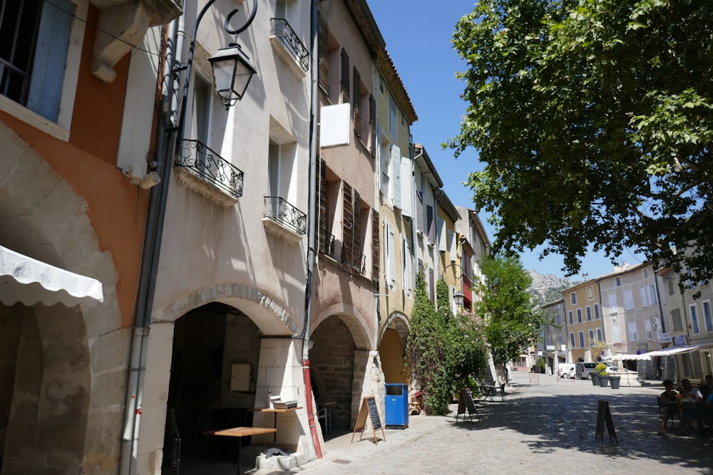 a street lined with tall buildings next to a tree