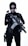 A person wearing tactical police gear, including a vest labeled 'POLICE,' black gloves, and sunglasses. They are holding a tactical firearm and have various equipment and pouches attached to their outfit. The overall attire suggests a high level of readiness and authority.