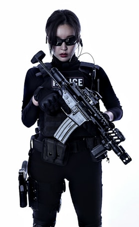 A person wearing tactical police gear, including a vest labeled 'POLICE,' black gloves, and sunglasses. They are holding a tactical firearm and have various equipment and pouches attached to their outfit. The overall attire suggests a high level of readiness and authority.
