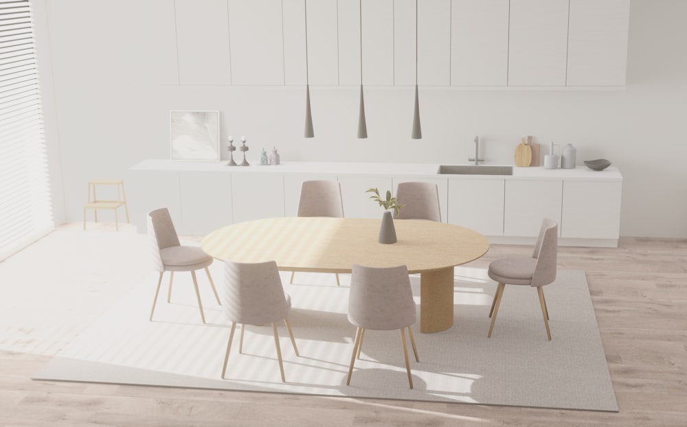 a dining room with a round table surrounded by chairs