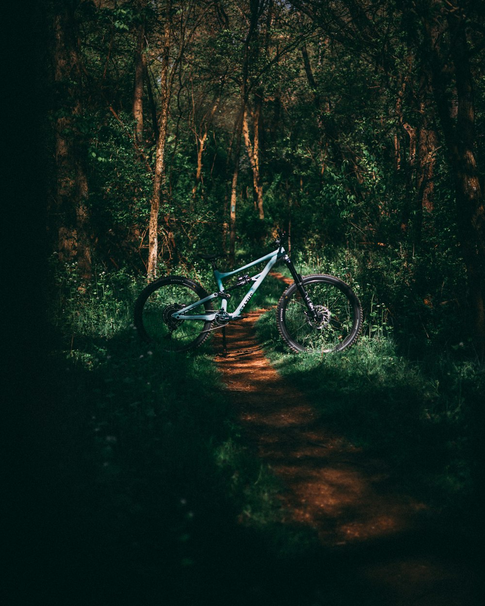 a bike parked on the side of a dirt road