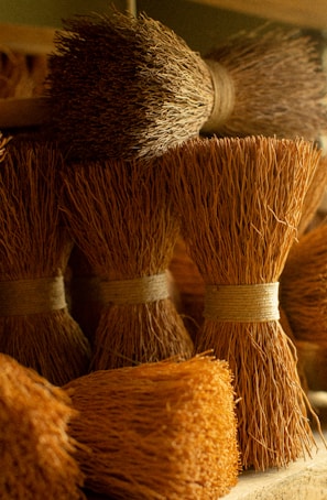 Bundles of closely packed, dried broom-like fibers tied together at the base are arranged in an orderly fashion. The texture is rough and the lighting casts a warm, golden hue on the natural materials, emphasizing their earthy and rustic quality.