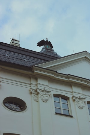 A building facade with decorative architectural elements, including ornate moldings and windows. An eagle sculpture is mounted on the rooftop, extending its wings against a backdrop of a light blue sky.