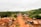 A small rural village with dirt roads and simple houses with tin roofs. There are people walking and a few motorbikes and vehicles on the road. The area is surrounded by lush green vegetation and hills in the background.