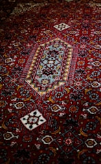 An intricately designed carpet featuring a rich red background with geometric and floral patterns in contrasting colors, including white, blue, and darker shades. The central motif is a diamond shape surrounded by a series of decorative elements.