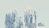 A digital rendering of towering geometric structures composed of translucent and glossy rectangles. The structures resemble a futuristic cityscape or abstract ice formations against a light, pastel background.