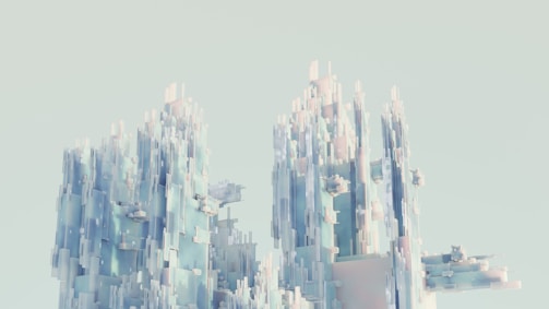 A digital rendering of towering geometric structures composed of translucent and glossy rectangles. The structures resemble a futuristic cityscape or abstract ice formations against a light, pastel background.