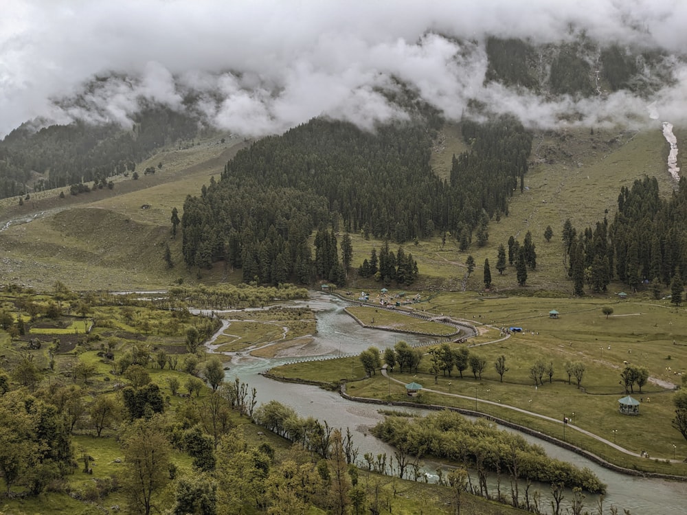 a river running through a lush green valley