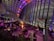 A modern indoor space with large glass windows offers a panoramic view of a cityscape at night. The interior features several groups of people seated at tables, engaging in conversation and dining. Ambient lighting in shades of purple and orange adds a warm and inviting atmosphere, with a prominent illuminated plant in the center. The bar area is bustling, contributing to a vibrant social scene.