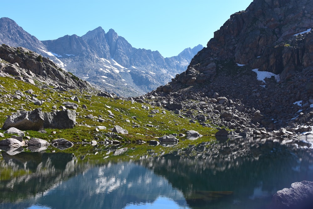 a mountain lake surrounded by rocks and grass