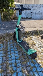 A teal electric scooter is parked on a cobblestone walkway with patches of blue-painted stones. Grass is growing between the stones, and there is a concrete wall in the background partially covered by vegetation.