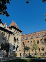 Modern European bank building with clear blue sky in the background.