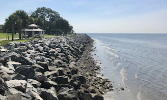 a large body of water next to a rocky shore