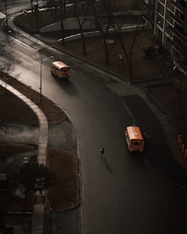 Aerial view of a curved urban street with two orange school buses driving on opposite sides of the road. A person is walking across the street. The surroundings include bare trees and buildings, with wet pavements suggesting recent rain. The streetlights cast long shadows.