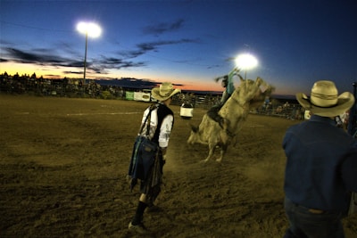 Cowboy riding a bucking bronco under bright arena lights.