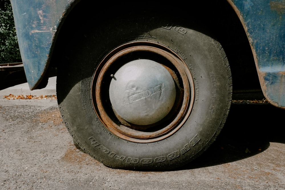 a close up of a tire on a truck