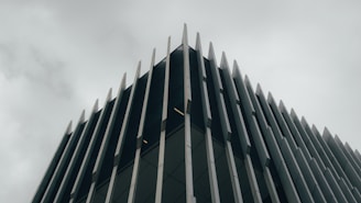 A modern building with a striking architectural design. Vertical metal or concrete fins protrude from the facade, creating an angular and geometric aesthetic. The overcast sky adds a moody and subdued background to the sharp, clean lines of the structure.