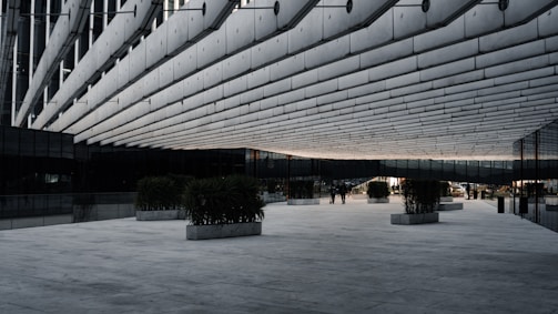 A modern architectural space features a large overhanging structure with parallel lines creating an imposing canopy effect. Beneath the structure, a wide, open plaza is visible, lined with rectangular concrete planters, each containing green shrubs. The area is mostly empty except for a few people walking in the distance. The design is sleek and minimalistic, with a monochromatic color scheme.