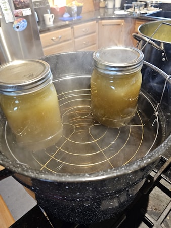 Two glass jars filled with a light green liquid are placed inside a large pot on a stove. The pot has a wire rack and is filled with steam, indicating the jars are being heated or processed. The background shows a kitchen setting with cabinets and a refrigerator.